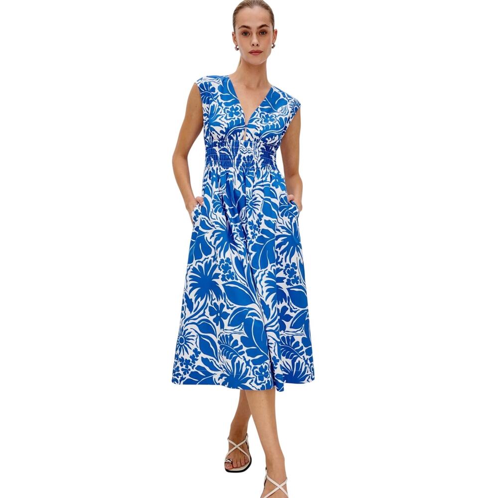 Rails Roxanne Dress XL Blue Riviera Tropical Floral Smocked Waist Midi